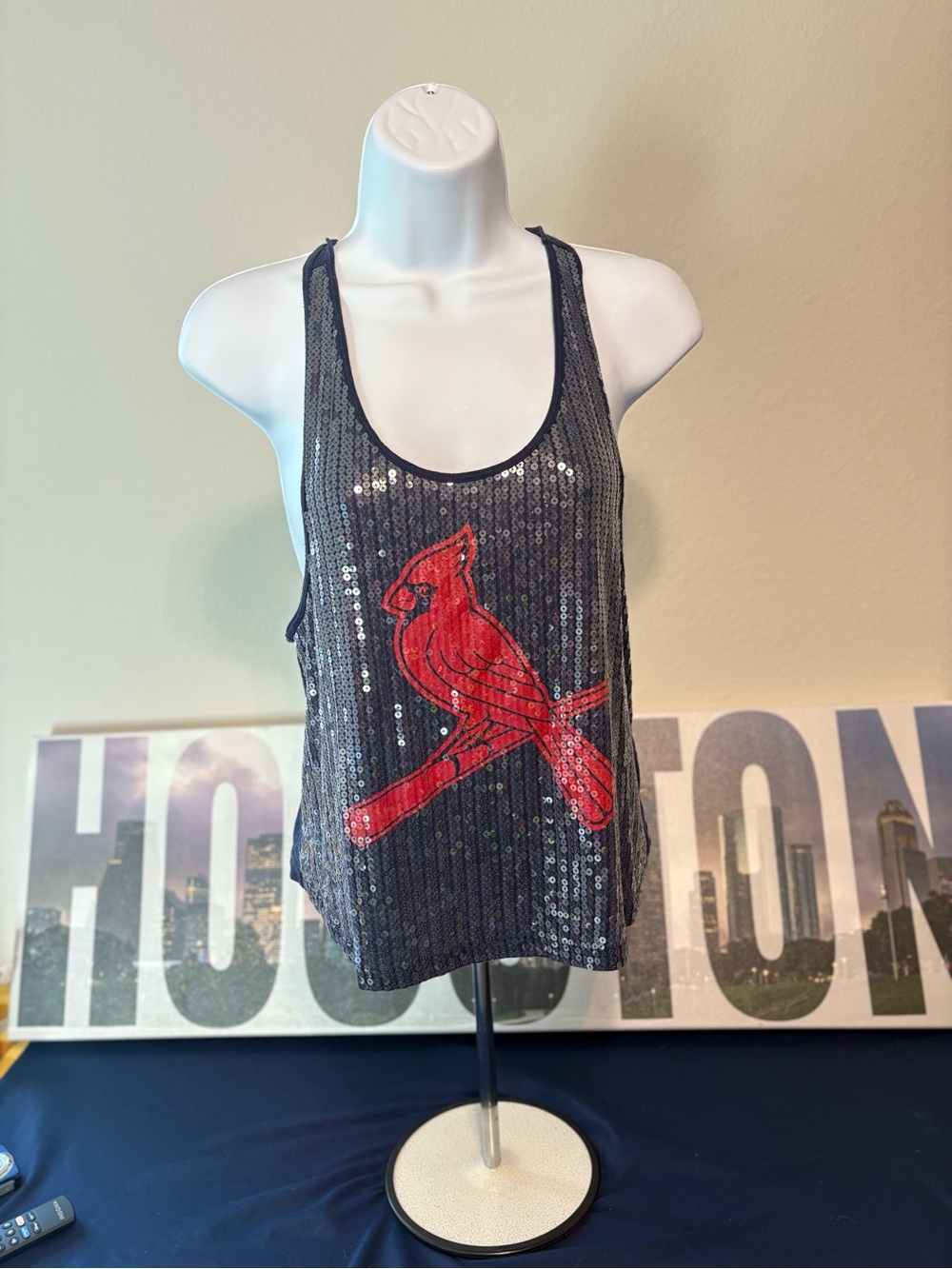 PINK Victoria's Secret Black Sequin Tank with Red Cardinal Graphic